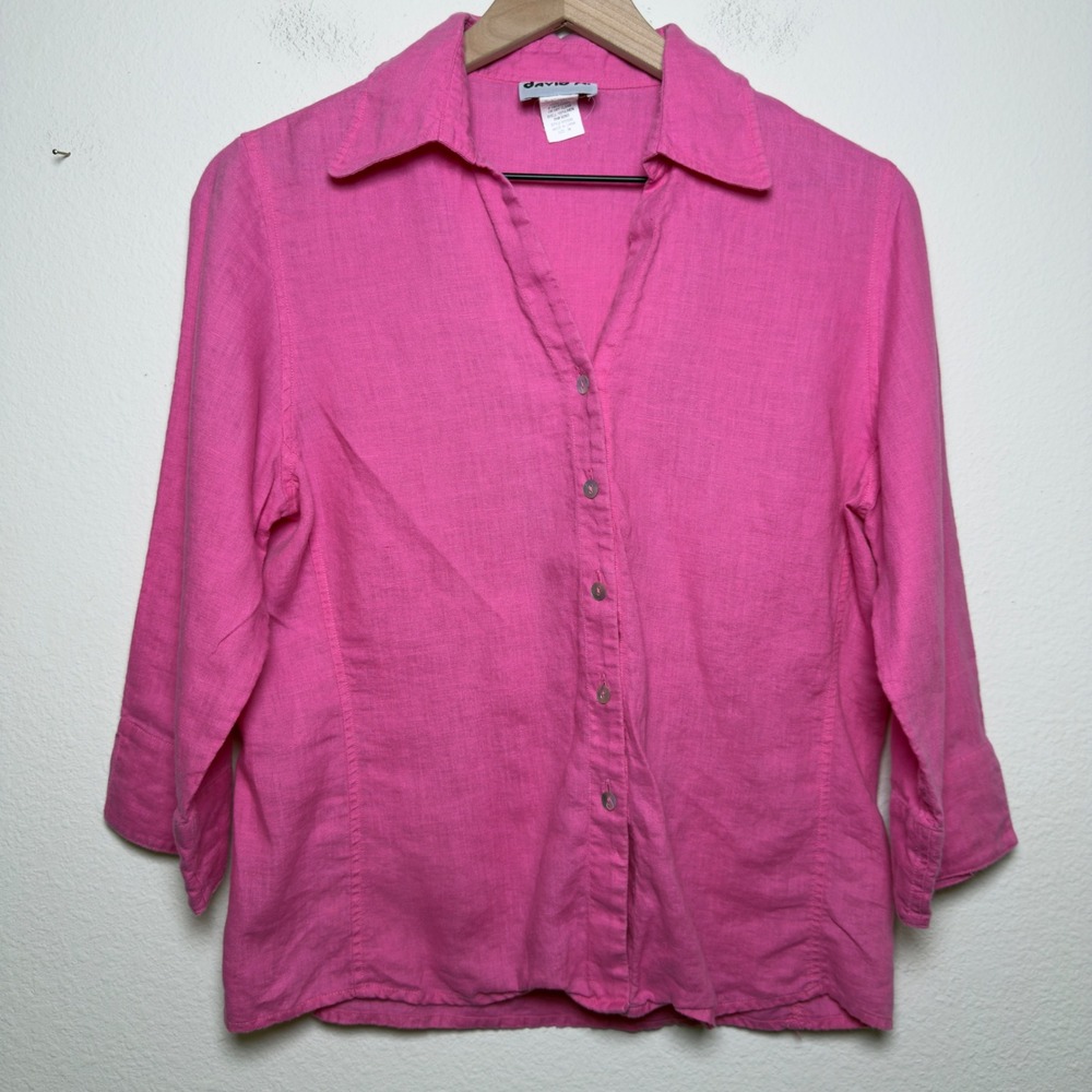 David N. Women 100% Linen Button‎ Front Top Medium 3/4 Sleeve Coastal Summer